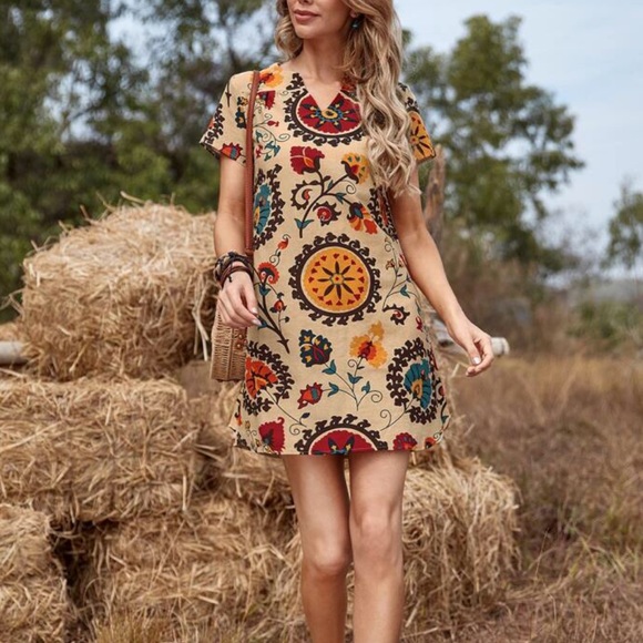 Retro Print Mini Dress Bohemian Printed Dress - Picture 3 of 7